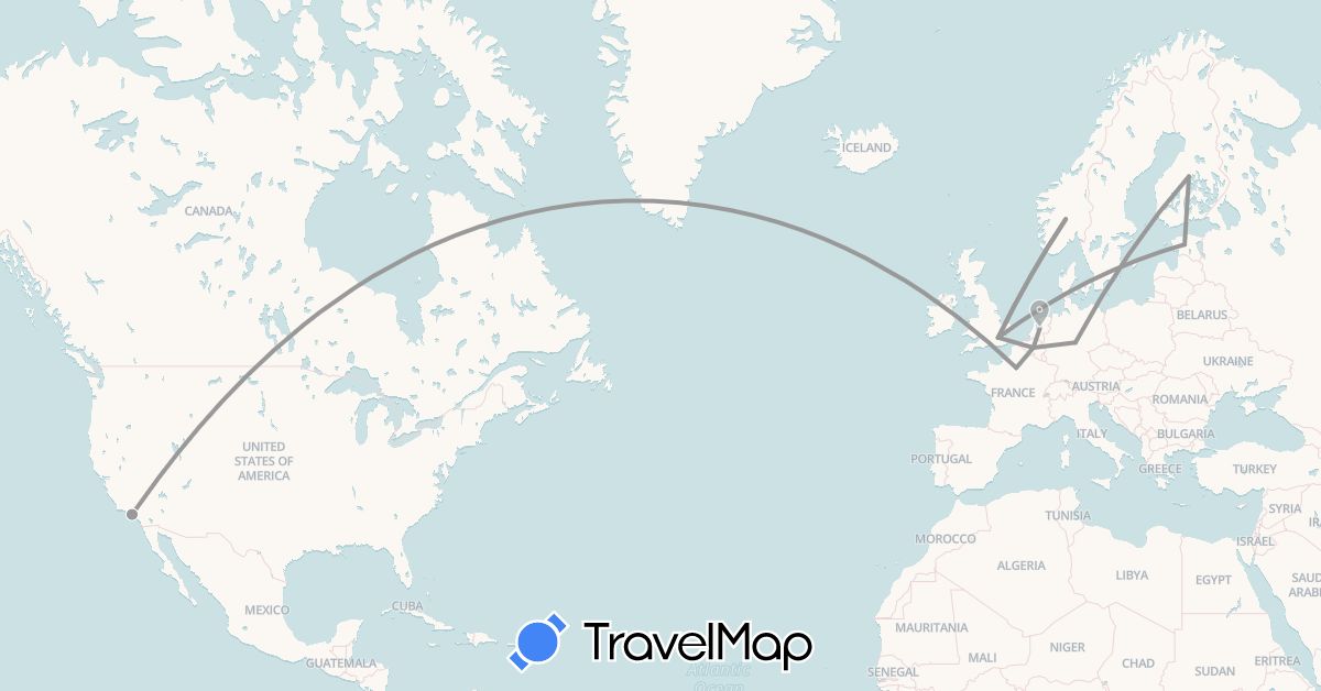 TravelMap itinerary: driving, plane in Belgium, Germany, Estonia, Finland, France, United Kingdom, Netherlands, Norway, United States (Europe, North America)